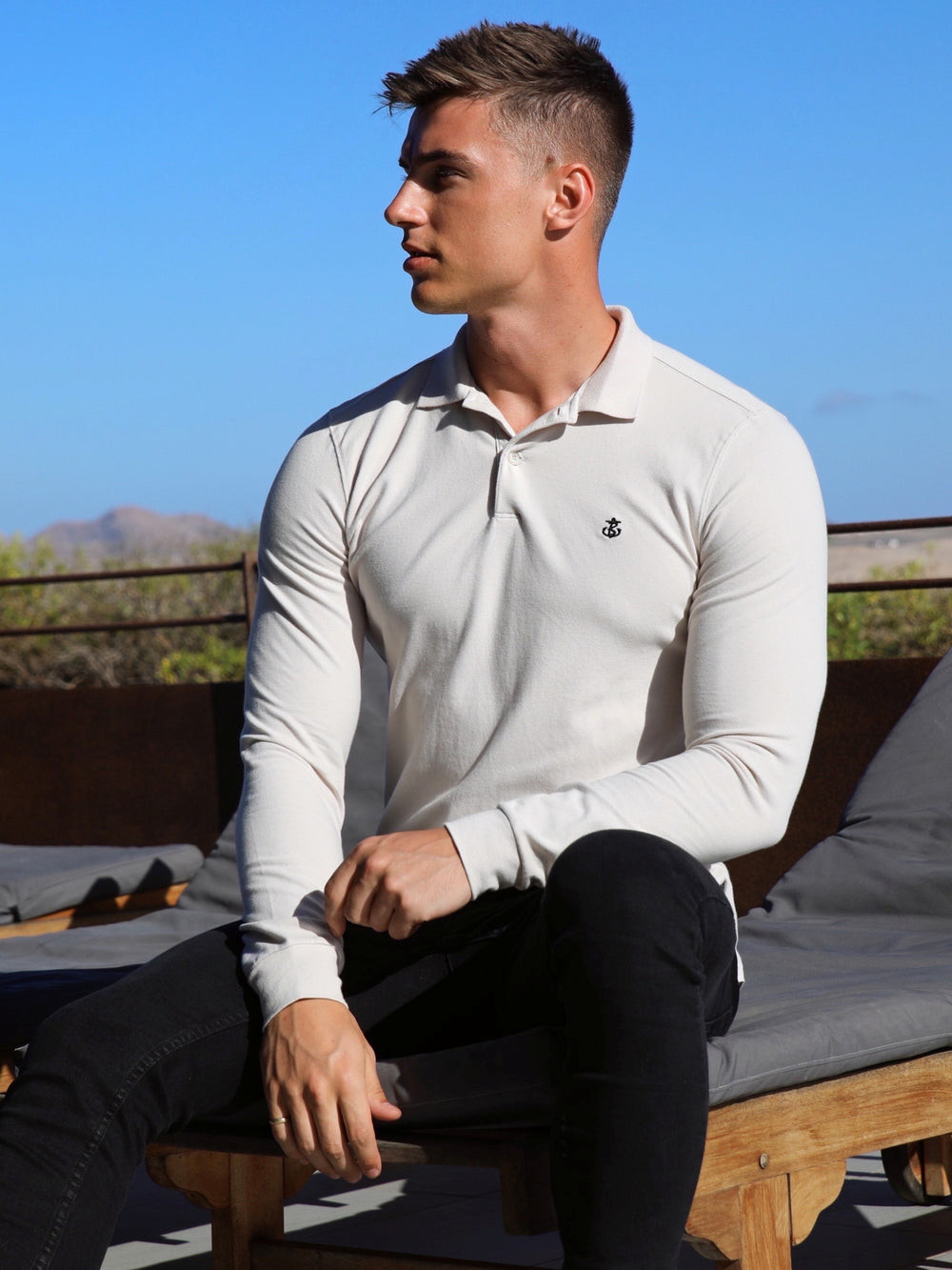 Blakely Harrow Long-Sleeve Polo Shirt Stone | FBG058372