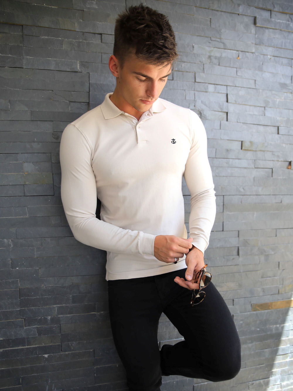 Blakely Harrow Long-Sleeve Polo Shirt Stone | FBG058372