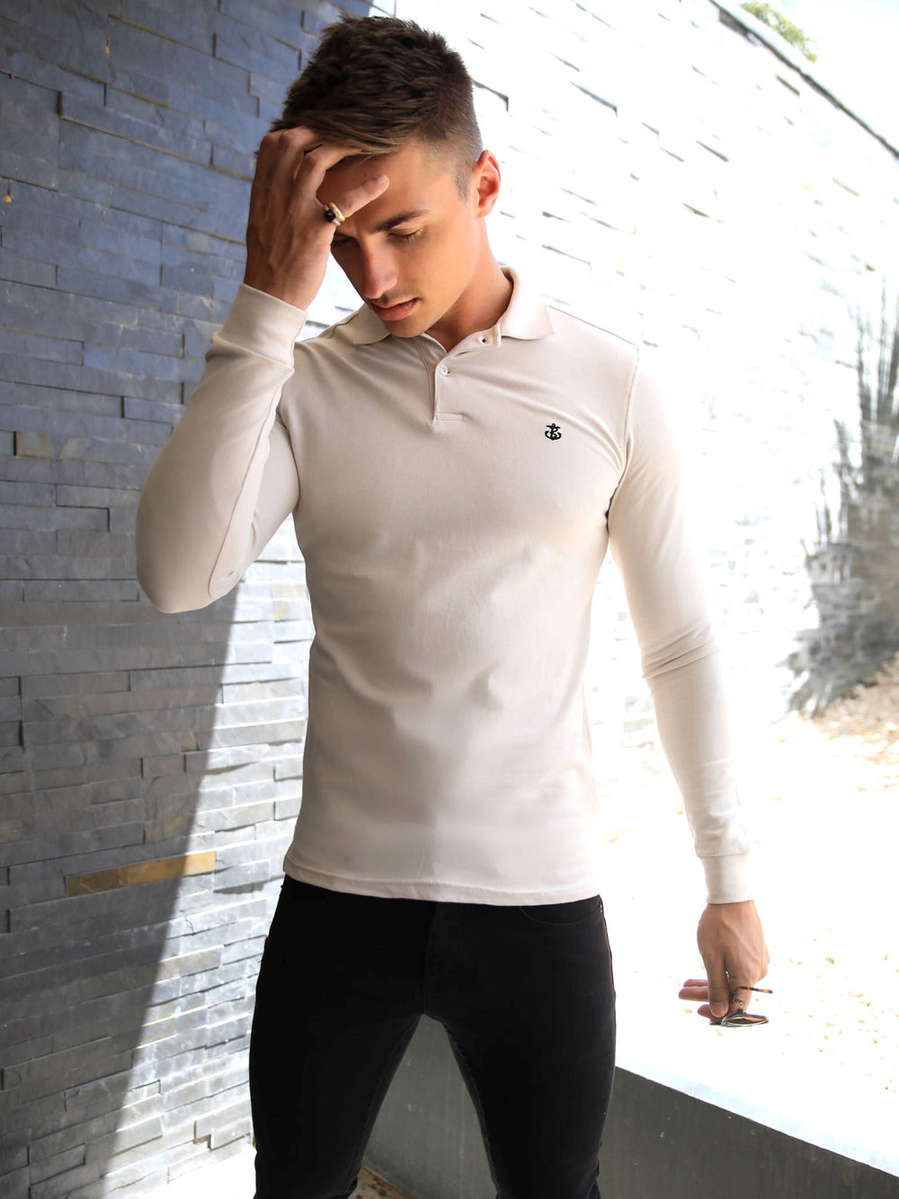 Blakely Harrow Long-Sleeve Polo Shirt Stone | FBG058372