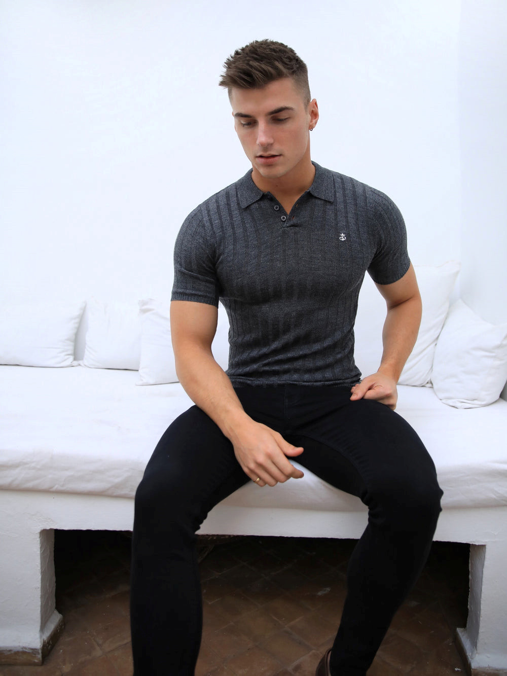 Blakely Sidi Textured Stripe Polo Charcoal | ZXV654237